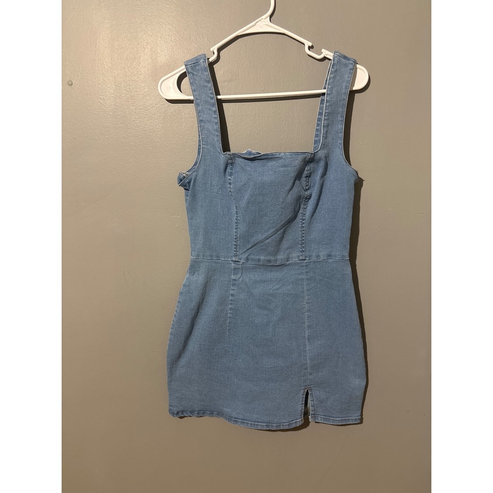SHEIN Light Wash Denim Square Neck Mini Dress Side Slit Blue Size Medium